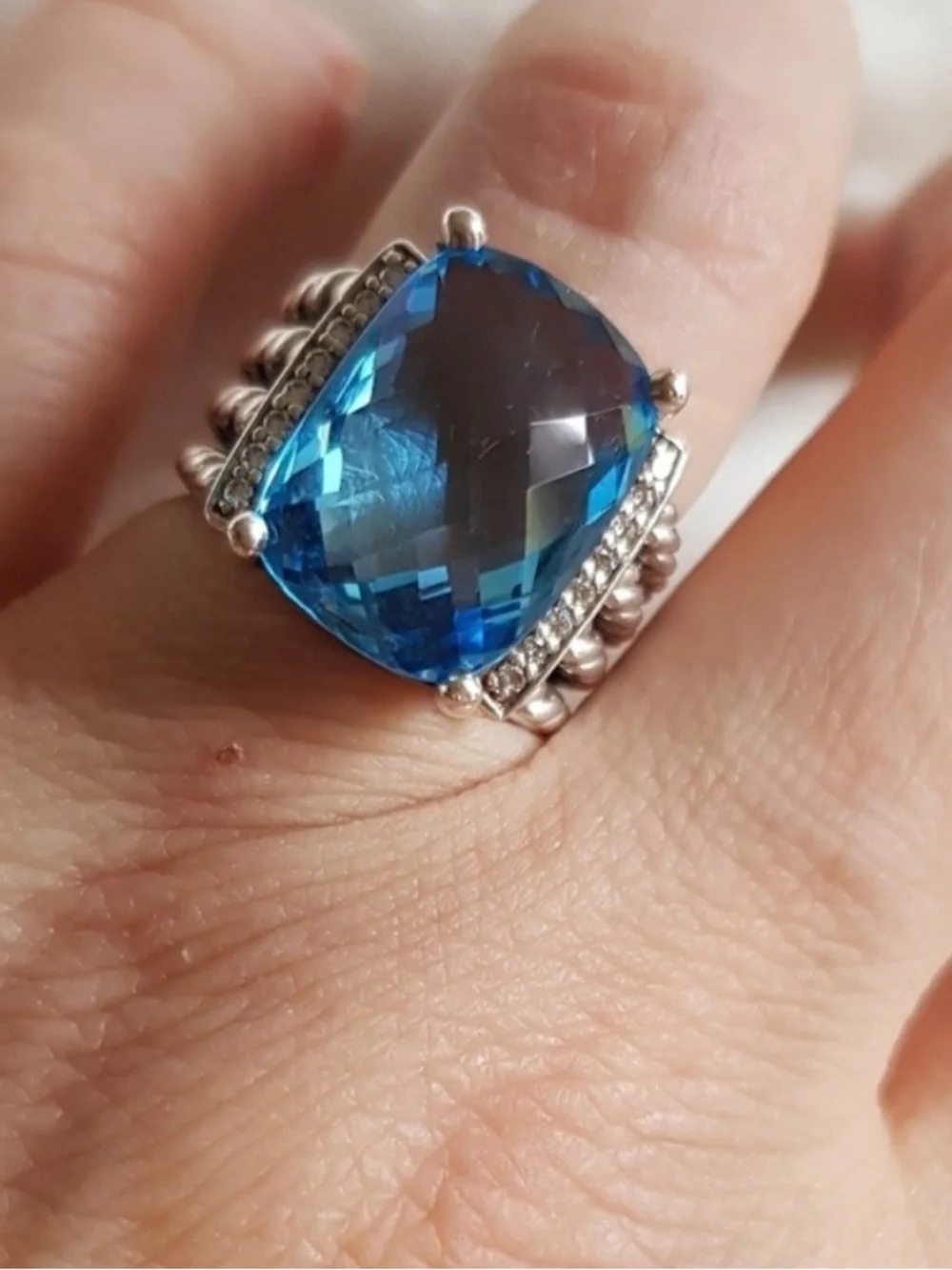 David Yurman Wheaton Ring Blue Topaz Diamond Sterling Silver Sz 10  NWT